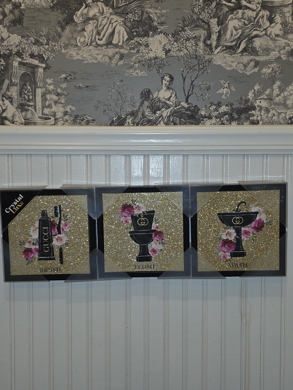 Gucci Gold and Pink Glitter 3 Pc Bathroom Wall Art Set Luxury Bathroom Decor